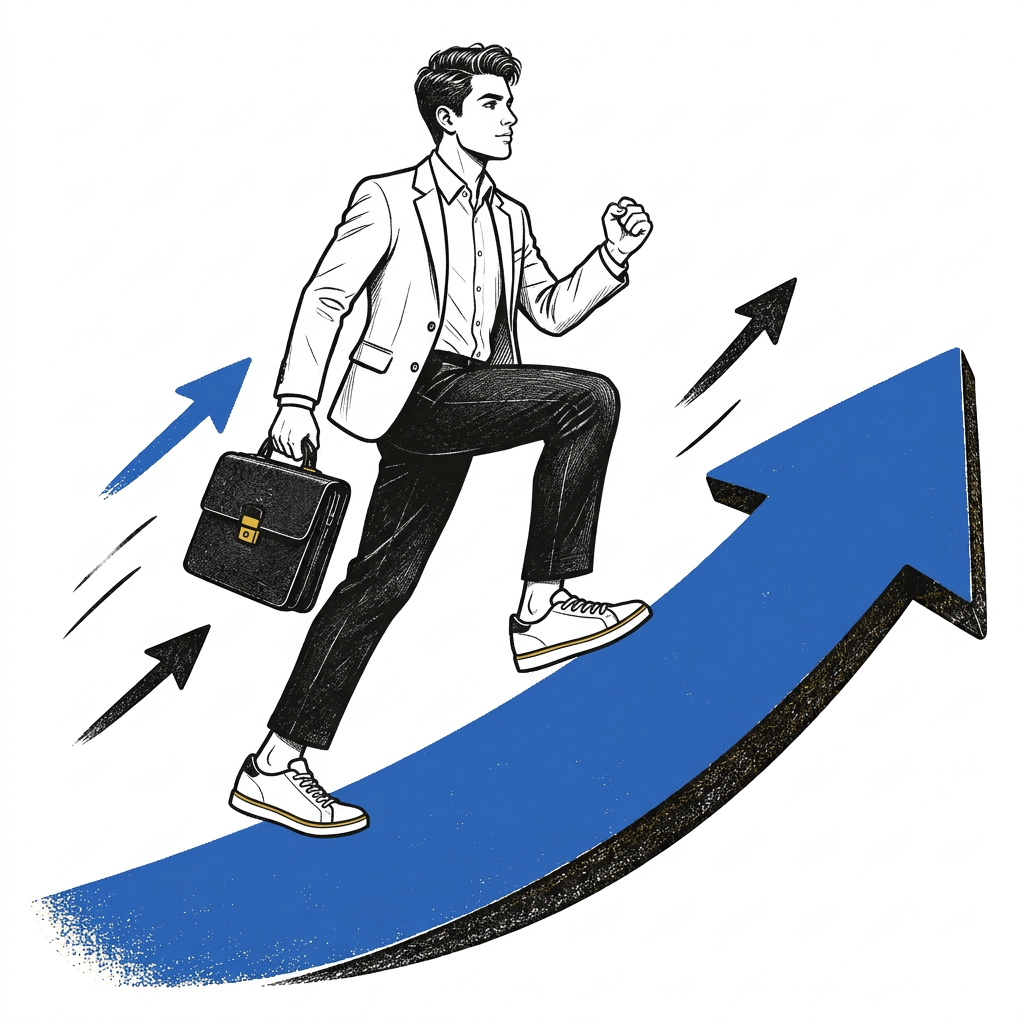 Business owner moving upward on an arrow